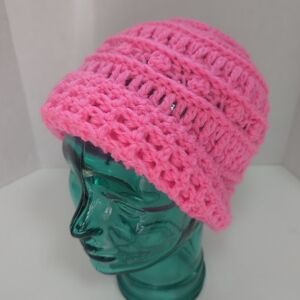 Messy Bun Ponytail Crochet Beanie Cap Hot Pink One Sz Handmade